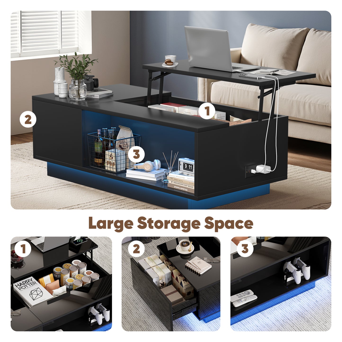 Save 50% - 47" Modern LED Coffee Table with Lift Top – All-Black High-Gloss Design, Hidden Storage, Drawer, Open Shelves & Built-In Power Outlet