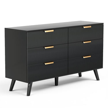 Black 47-inch Belord modern wood dresser with six drawers, featuring fluted boho design, ideal for bedroom storage.