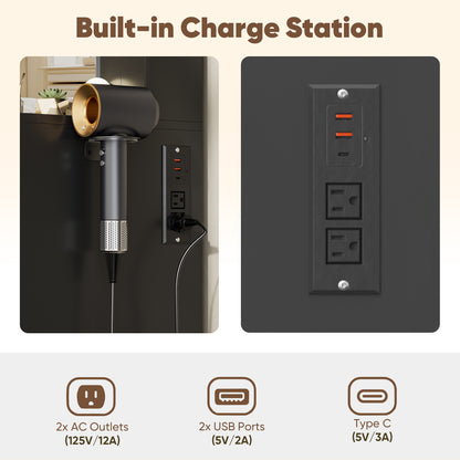 Save 50% - 37" Fluted Makeup Vanity Desk with LED Mirror, 5 Drawers & Glass Top, Vanity Table with Cabinet, Chair and Charging Station, 3 Light Modes for Bedroom