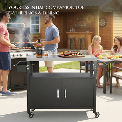 52" Black Outdoor Kitchen Island with Stainless Steel Tabletop, Metal Grill Cart with Storage Cabinet & 4 Lockable Wheels