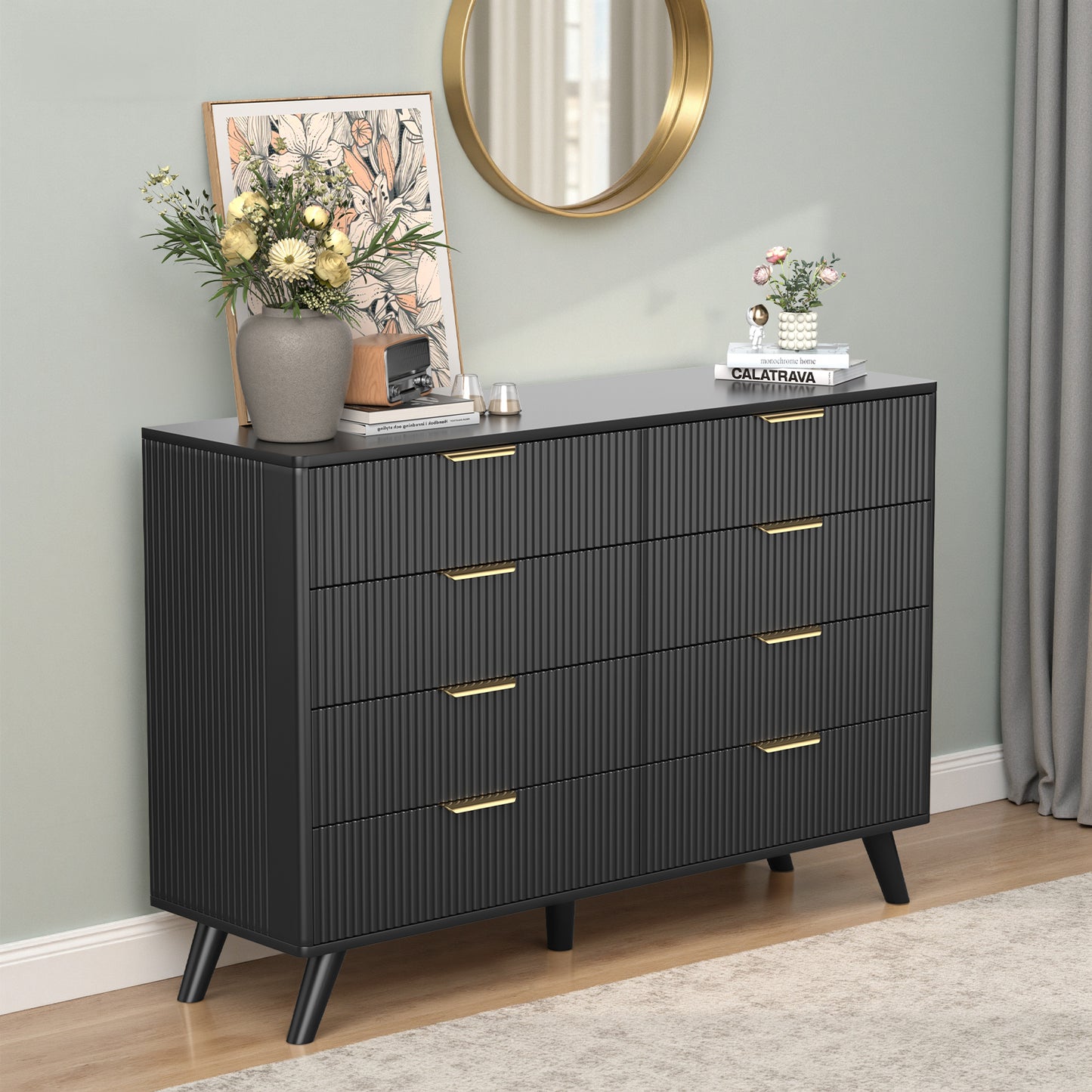 Save 50% - 47" Modern Wood Dresser with 8 Drawers – Fluted Boho Design, Chest of Drawers for Bedroom