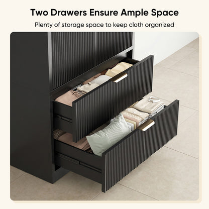Save 50% - 70" Modern Wooden Wardrobe Closet with 2 Doors & 2 Drawers – Clothing Storage Armoire with Hanging Rod and Gold Handles for Bedroom