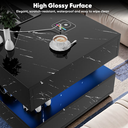 Save 50% - 47" Modern LED Coffee Table with Wireless Charging & Bluetooth Speaker – High-Gloss Double-Layer Design with 2 Drawers and Marble Effect Finish