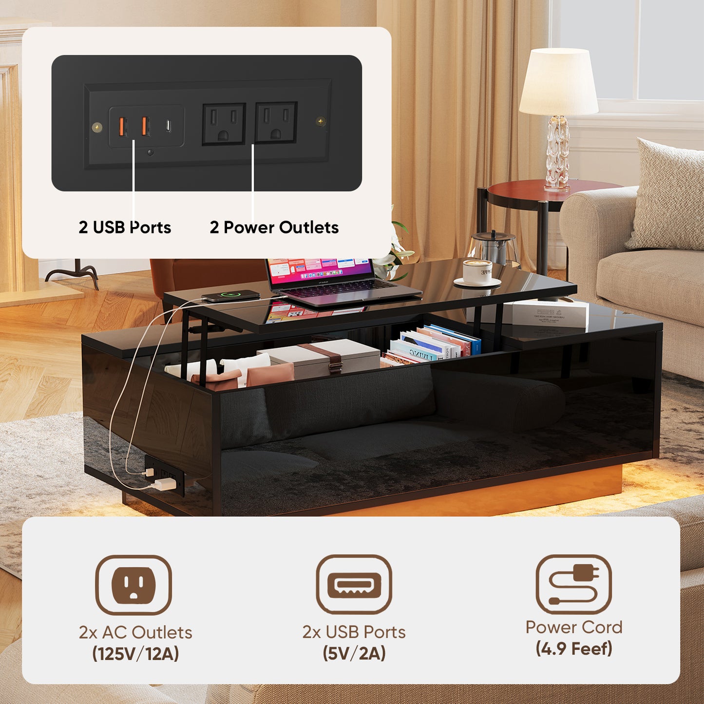 Save 50% - 47" Modern LED Coffee Table with Lift Top – All-Black High-Gloss Design, Hidden Storage, Drawer, Open Shelves & Built-In Power Outlet