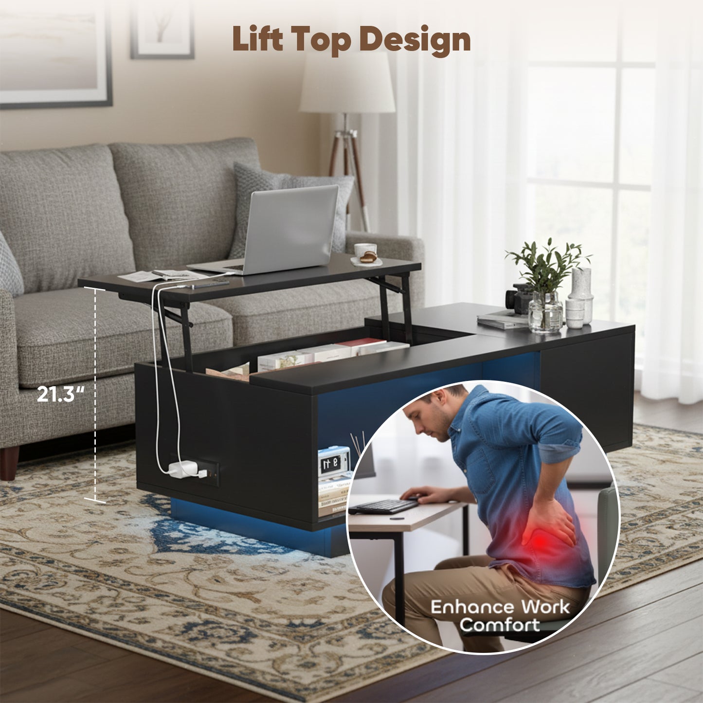 Save 50% - 47" Modern LED Coffee Table with Lift Top – All-Black High-Gloss Design, Hidden Storage, Drawer, Open Shelves & Built-In Power Outlet