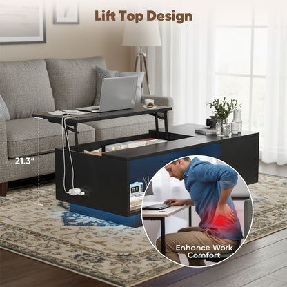Save 50% - 47" Modern LED Coffee Table with Lift Top – All-Black High-Gloss Design, Hidden Storage, Drawer, Open Shelves & Built-In Power Outlet