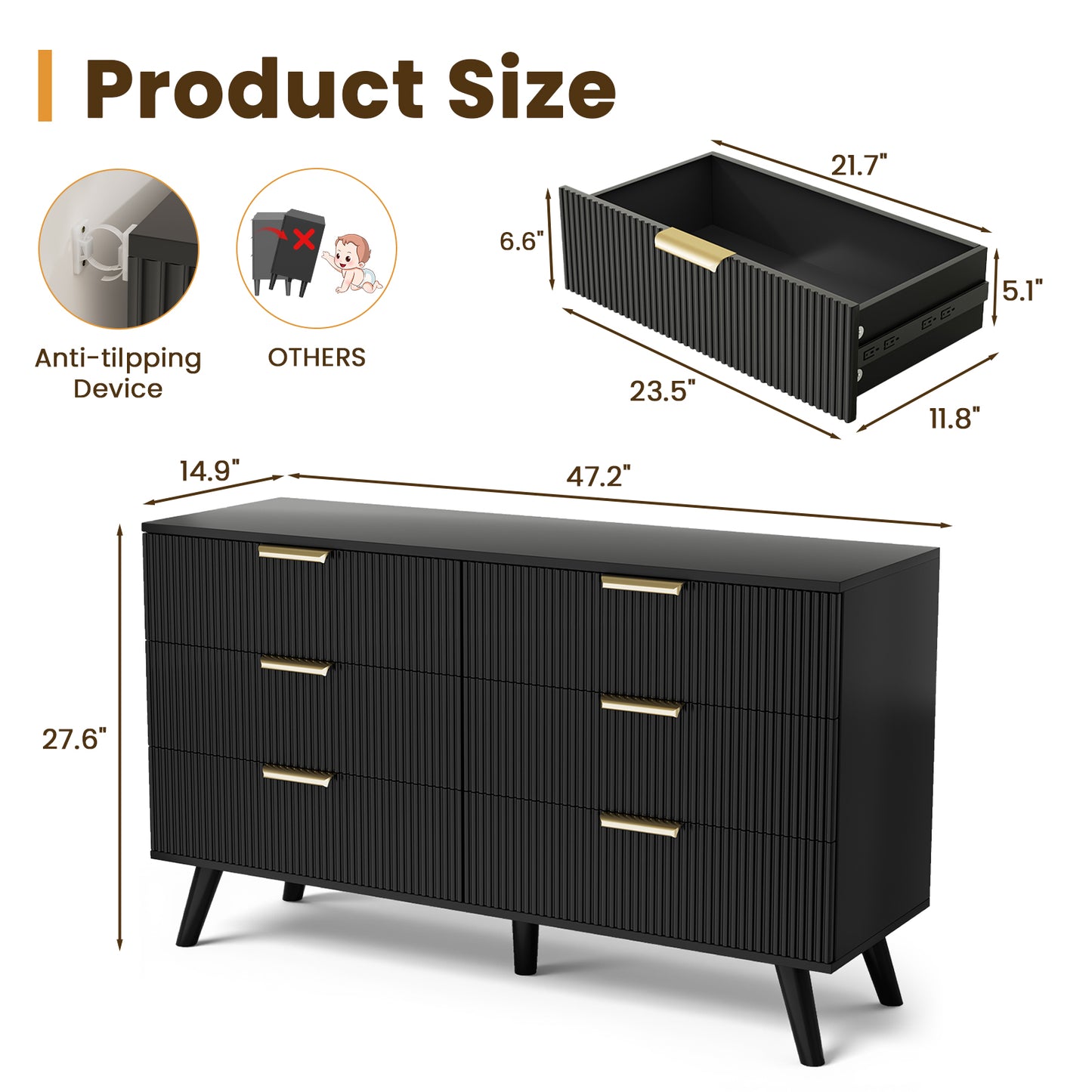 Save 50% - 47" Modern Wood Dresser with 6 Drawers – Fluted Boho Design, Chest of Drawers for Bedroom