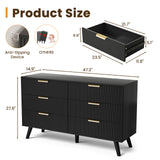 Black 47-inch Belord modern wood dresser with 6 drawers featuring fluted boho design, ideal for bedroom storage.