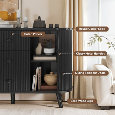 Black Belord 47-inch sideboard buffet cabinet with fluted tambour doors, adjustable shelves, and three drawers for modern kitchen storage.