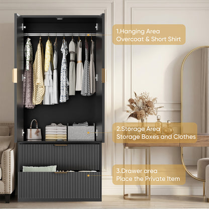 Save 50% - 70" Modern Wooden Wardrobe Closet with 2 Doors & 2 Drawers – Clothing Storage Armoire with Hanging Rod and Gold Handles for Bedroom