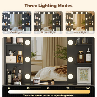 Save 50% - 37" Fluted Makeup Vanity Desk with LED Mirror, 5 Drawers & Glass Top, Vanity Table with Cabinet, Chair and Charging Station, 3 Light Modes for Bedroom