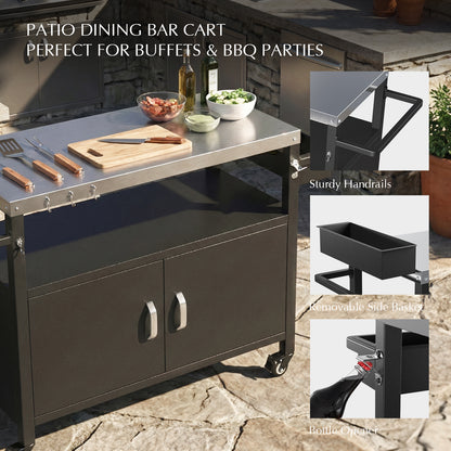 52" Black Outdoor Kitchen Island with Stainless Steel Tabletop, Metal Grill Cart with Storage Cabinet & 4 Lockable Wheels