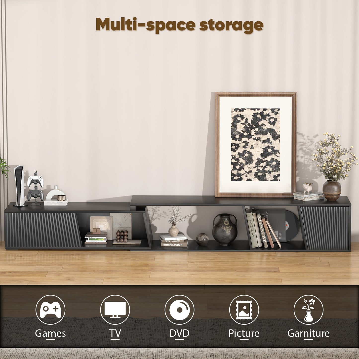 Save 50% - Extendable TV Stand with Sliding Doors - Belord Minimalist Rectangular Entertainment Cabinet