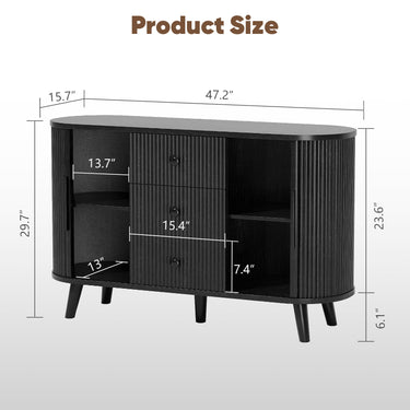 Black 47-inch Belord sideboard buffet cabinet with fluted tambour doors, adjustable shelves, and three drawers for modern kitchen storage.