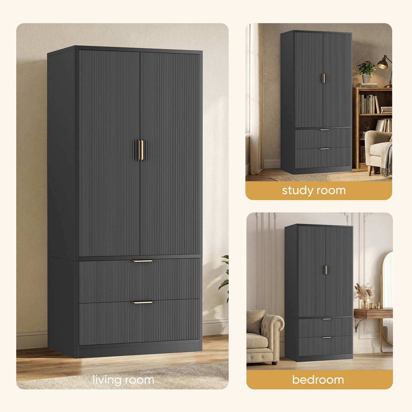 Save 50% - 70" Modern Wooden Wardrobe Closet with 2 Doors & 2 Drawers – Clothing Storage Armoire with Hanging Rod and Gold Handles for Bedroom