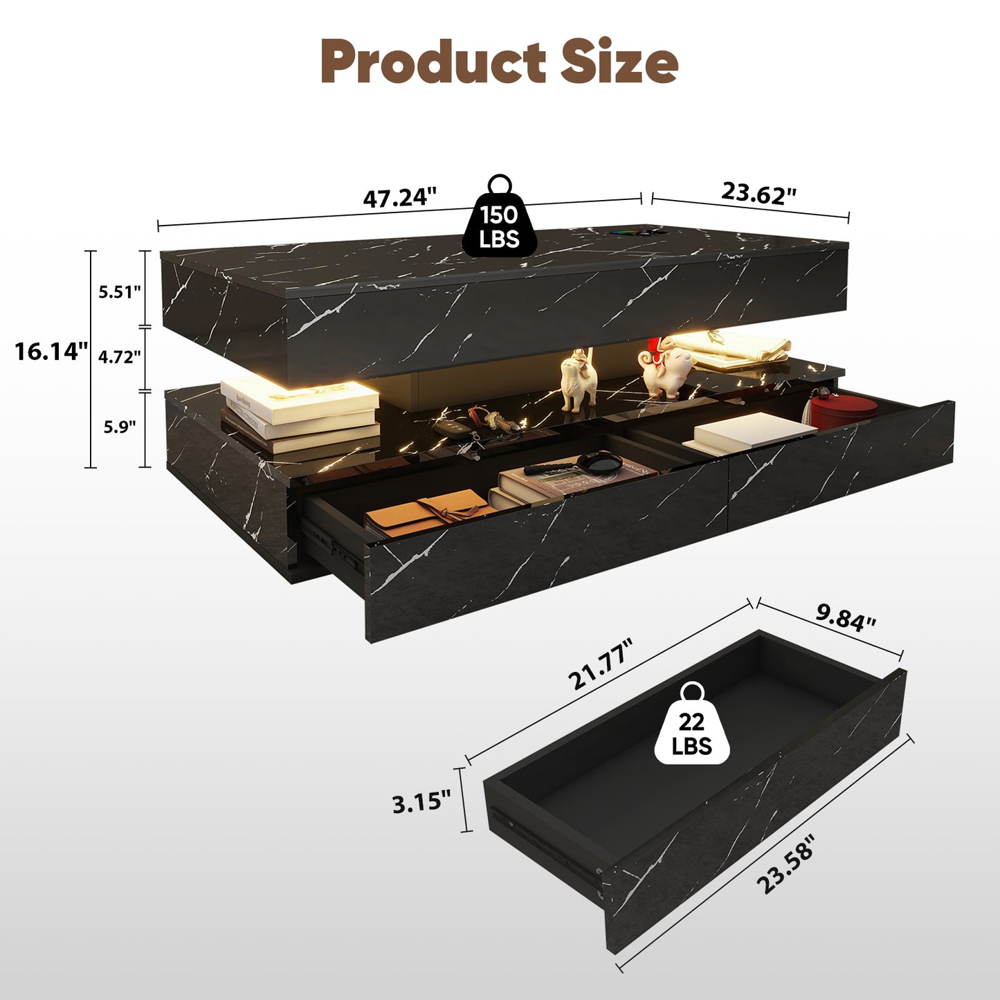 Save 50% - 47" Modern LED Coffee Table with Wireless Charging & Bluetooth Speaker – High-Gloss Double-Layer Design with 2 Drawers and Marble Effect Finish