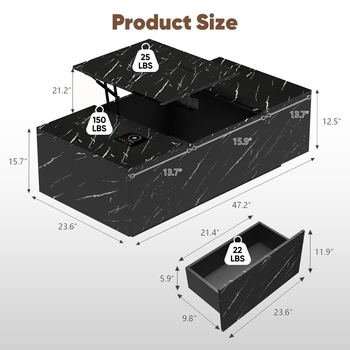 Save 50% - 47.2" LED Lift Top Coffee Table with Wireless Charging & Bluetooth Speaker – Smart Living Room Table with Drawers and Large Storage