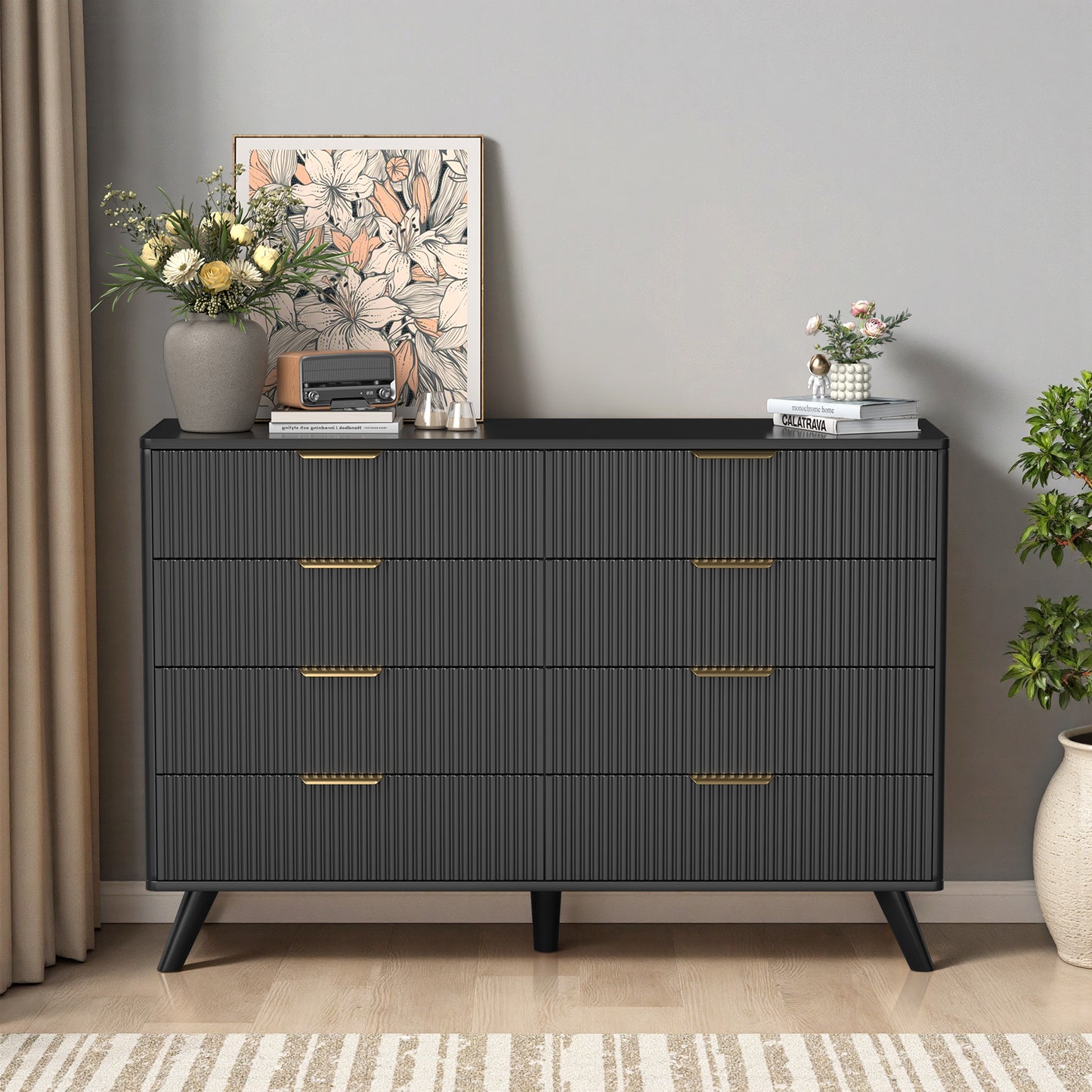 Save 50% - 47" Modern Wood Dresser with 8 Drawers – Fluted Boho Design, Chest of Drawers for Bedroom