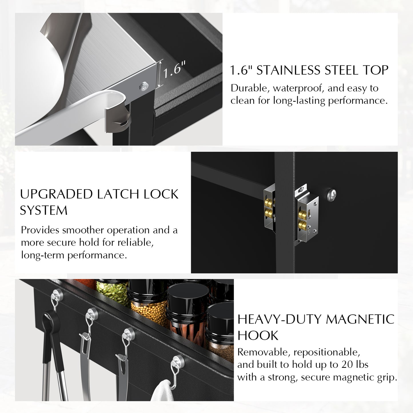 52" Black Outdoor Kitchen Island with Stainless Steel Tabletop, Metal Grill Cart with Storage Cabinet & 4 Lockable Wheels