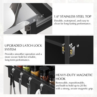 52" Black Outdoor Kitchen Island with Stainless Steel Tabletop, Metal Grill Cart with Storage Cabinet & 4 Lockable Wheels