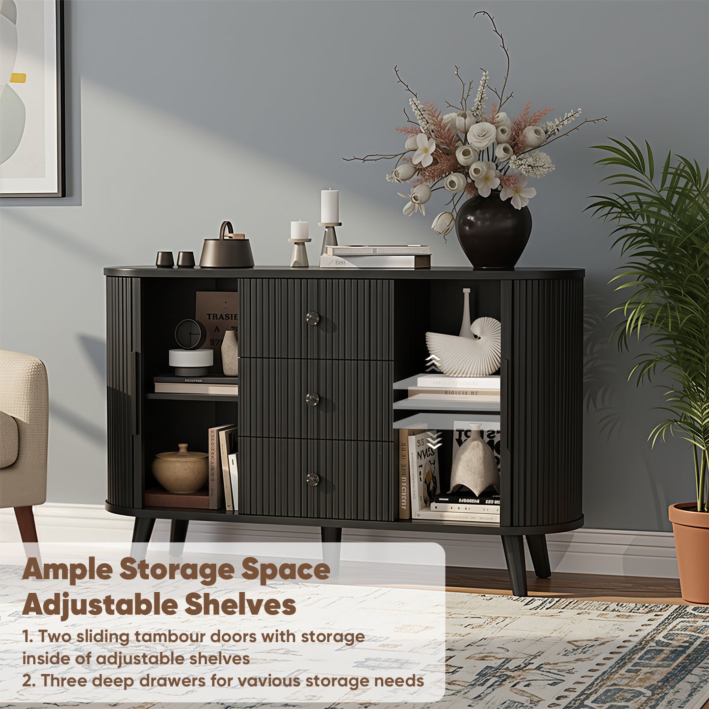 Save 50% - 47" Sideboard Buffet Cabinet with Fluted Tambour Doors, Adjustable Shelves, 3 Drawers – Modern Kitchen Storage & Coffee Bar Console