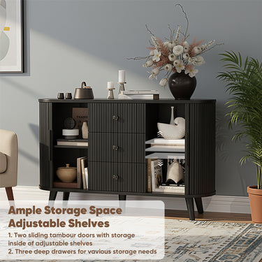 Black Belord 47-inch sideboard buffet cabinet with fluted tambour doors, adjustable shelves, and three drawers for modern kitchen storage