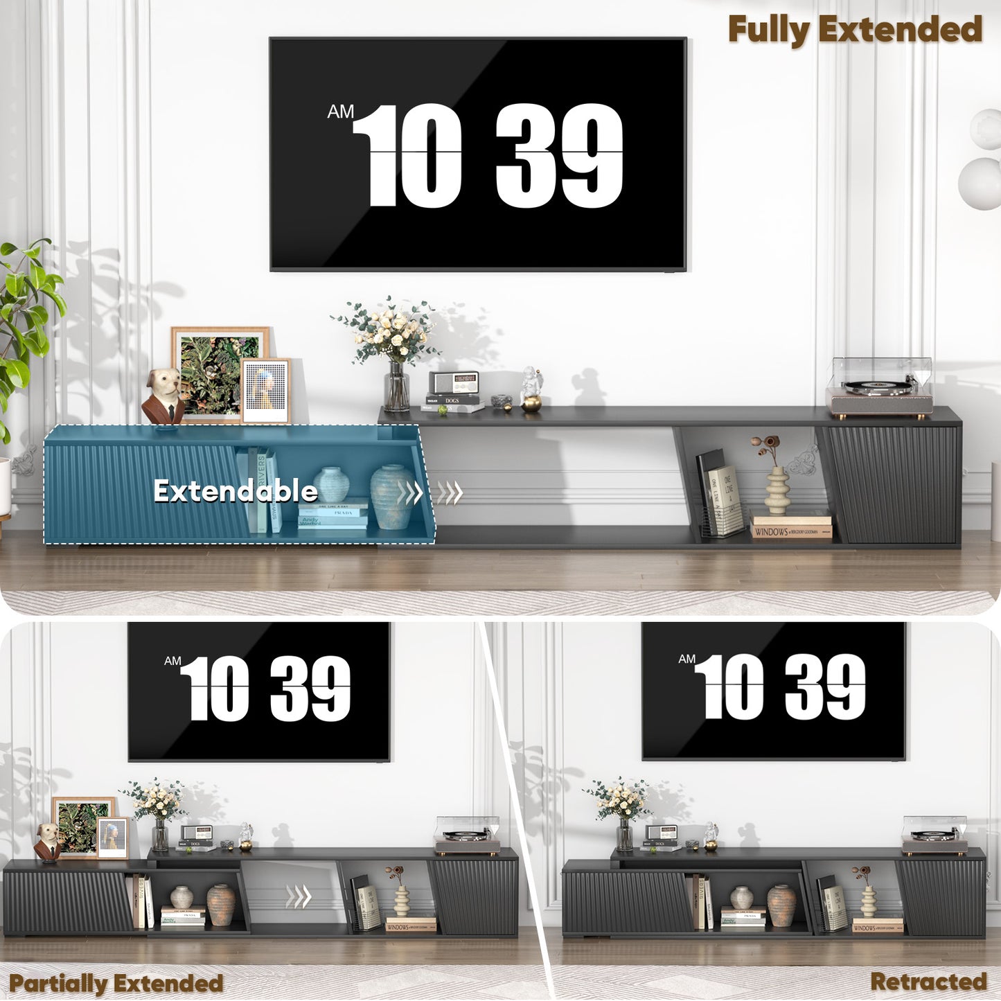 Save 50% - Extendable TV Stand with Sliding Doors - Belord Minimalist Rectangular Entertainment Cabinet