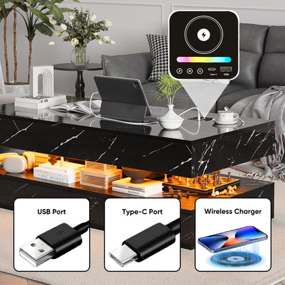 Save 50% - 47" Modern LED Coffee Table with Wireless Charging & Bluetooth Speaker – High-Gloss Double-Layer Design with 2 Drawers and Marble Effect Finish