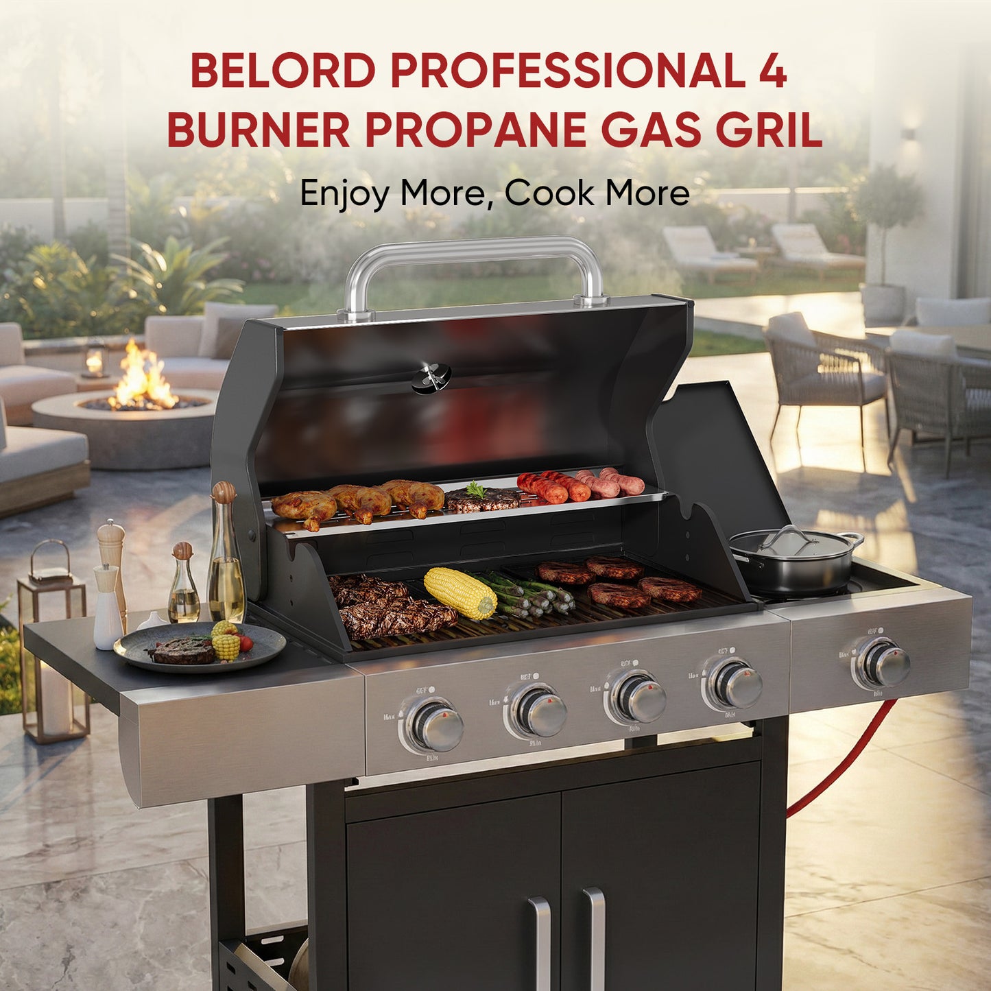 Belord 4-Burner Propane Gas Grill with Side Burner, 44,000 BTU Outdoor BBQ Grill with Cast Iron Grates