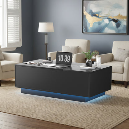 Save 50% - 47" Modern LED Coffee Table with Lift Top – All-Black High-Gloss Design, Hidden Storage, Drawer, Open Shelves & Built-In Power Outlet