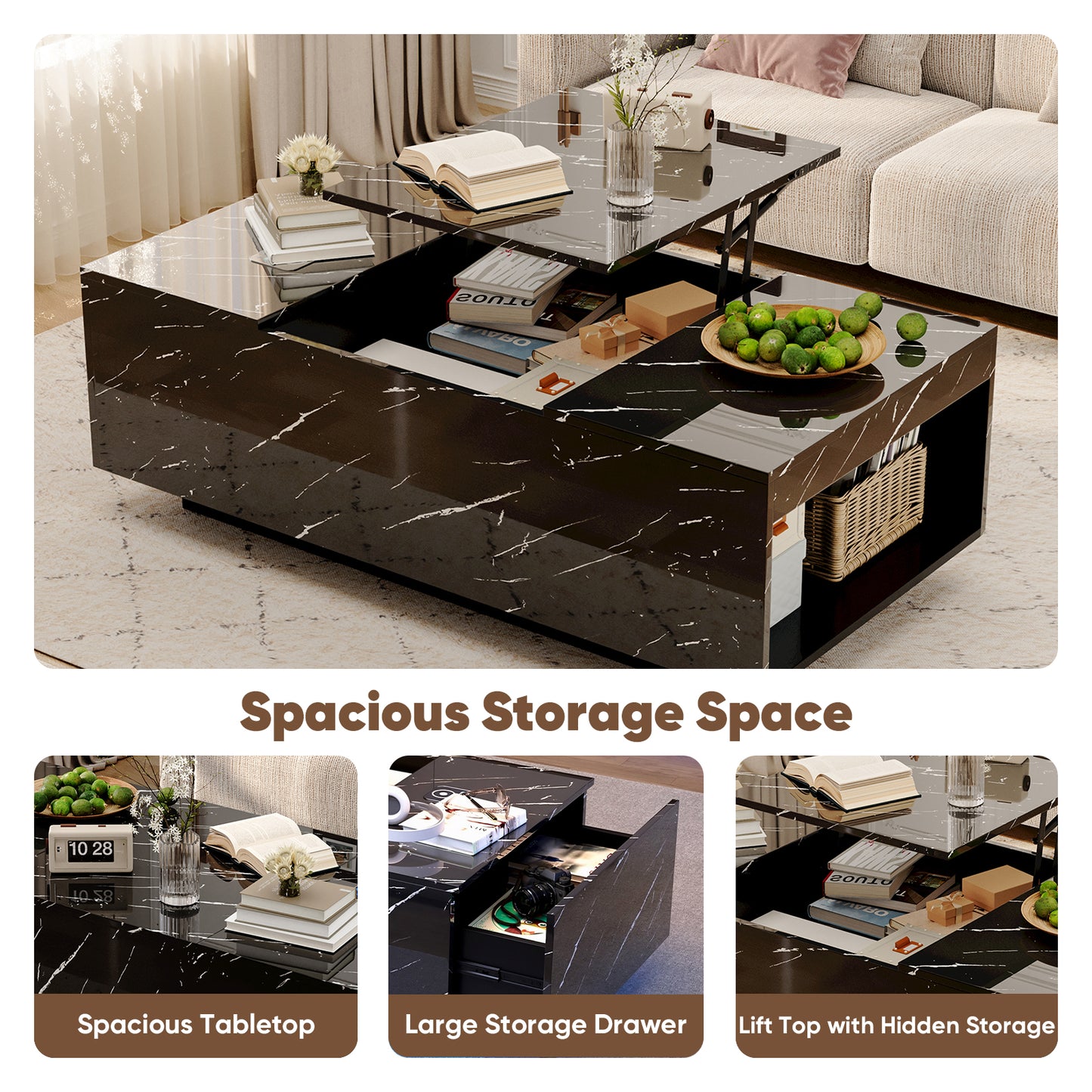 Save 50% - 47.2" LED Lift Top Coffee Table with Wireless Charging & Bluetooth Speaker – Smart Living Room Table with Drawers and Large Storage