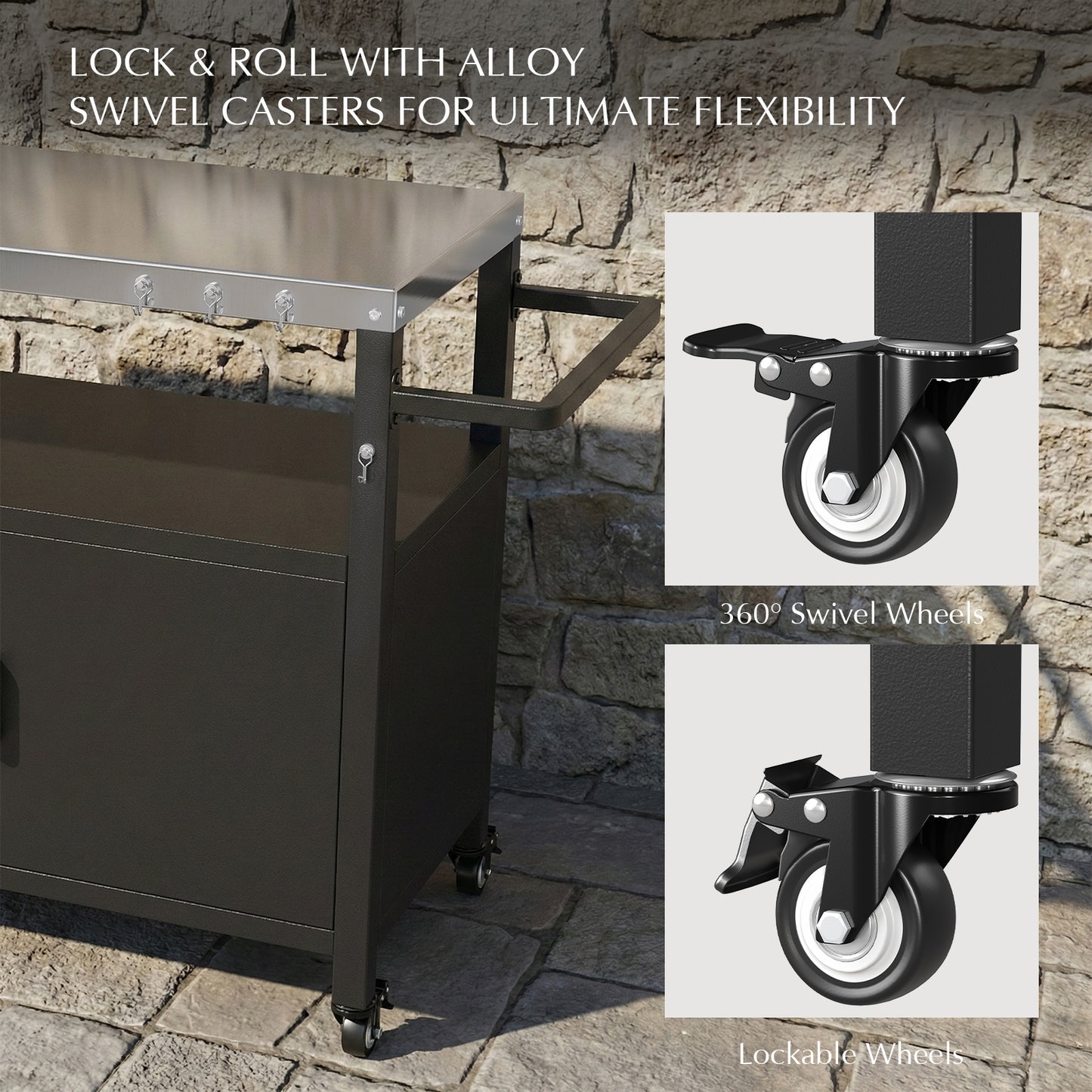 52" Black Outdoor Kitchen Island with Stainless Steel Tabletop, Metal Grill Cart with Storage Cabinet & 4 Lockable Wheels