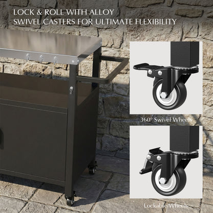 52" Black Outdoor Kitchen Island with Stainless Steel Tabletop, Metal Grill Cart with Storage Cabinet & 4 Lockable Wheels