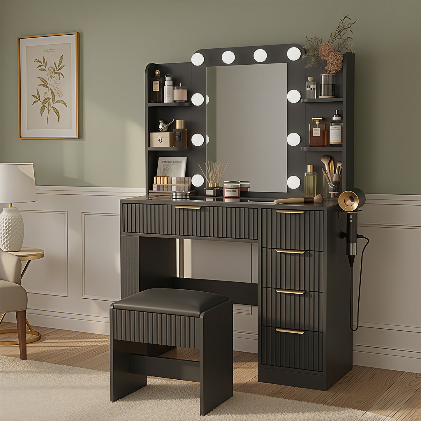 Save 50% - 37" Fluted Makeup Vanity Desk with LED Mirror, 5 Drawers & Glass Top, Vanity Table with Cabinet, Chair and Charging Station, 3 Light Modes for Bedroom