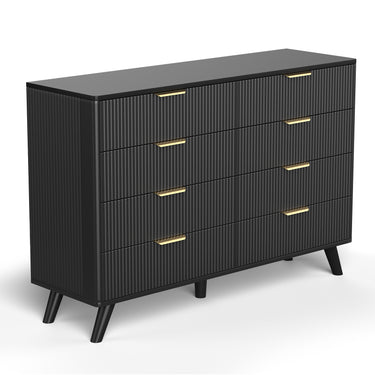 Black 47-inch Belord modern wood dresser with 8 drawers, featuring a fluted boho design, ideal for bedroom storage.