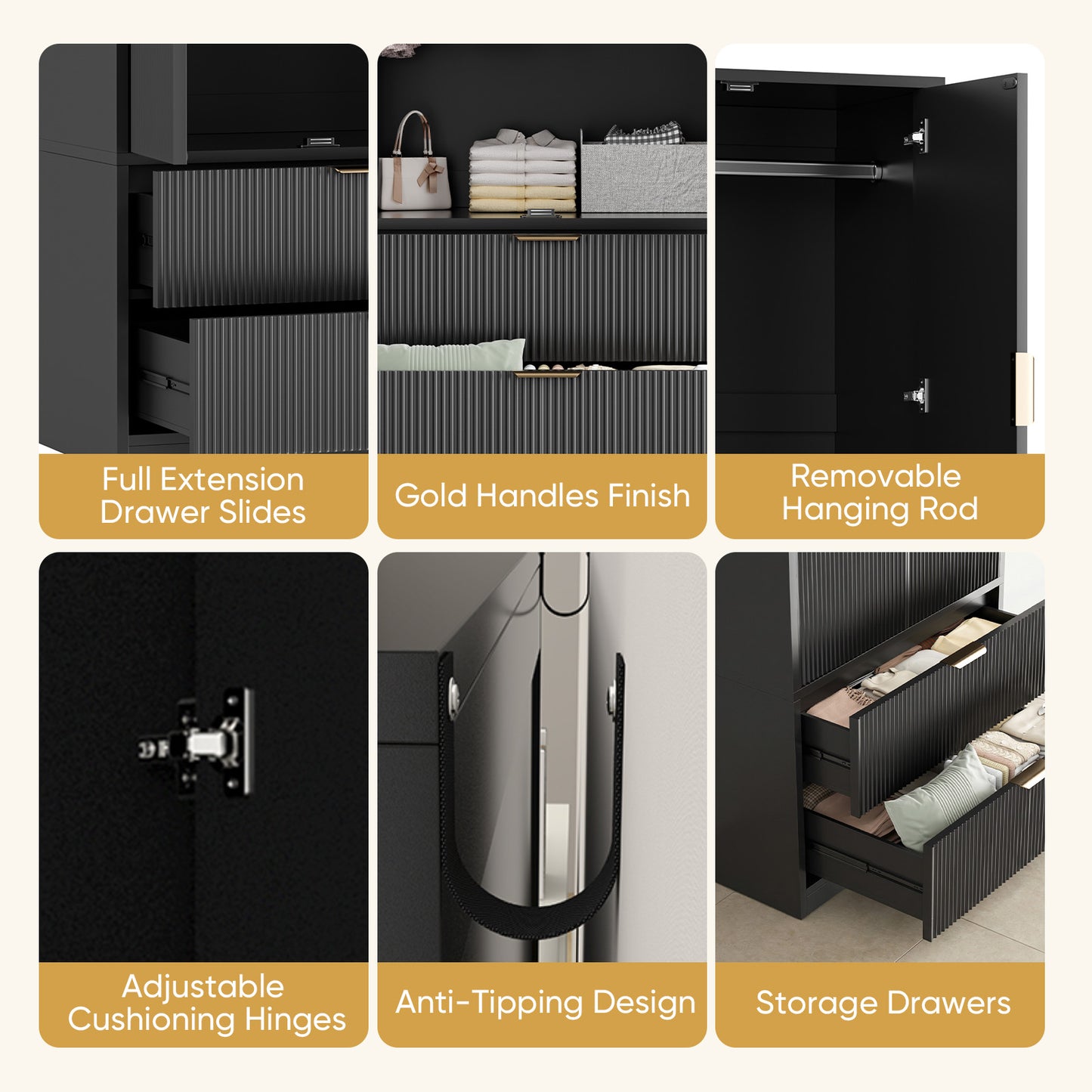 Save 50% - 70" Modern Wooden Wardrobe Closet with 2 Doors & 2 Drawers – Clothing Storage Armoire with Hanging Rod and Gold Handles for Bedroom