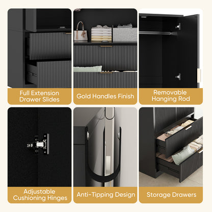 Save 50% - 70" Modern Wooden Wardrobe Closet with 2 Doors & 2 Drawers – Clothing Storage Armoire with Hanging Rod and Gold Handles for Bedroom