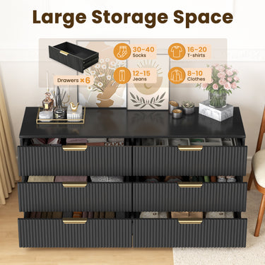Black 47-inch Belord modern wood dresser with 6 drawers featuring a fluted boho design for bedroom storage.
