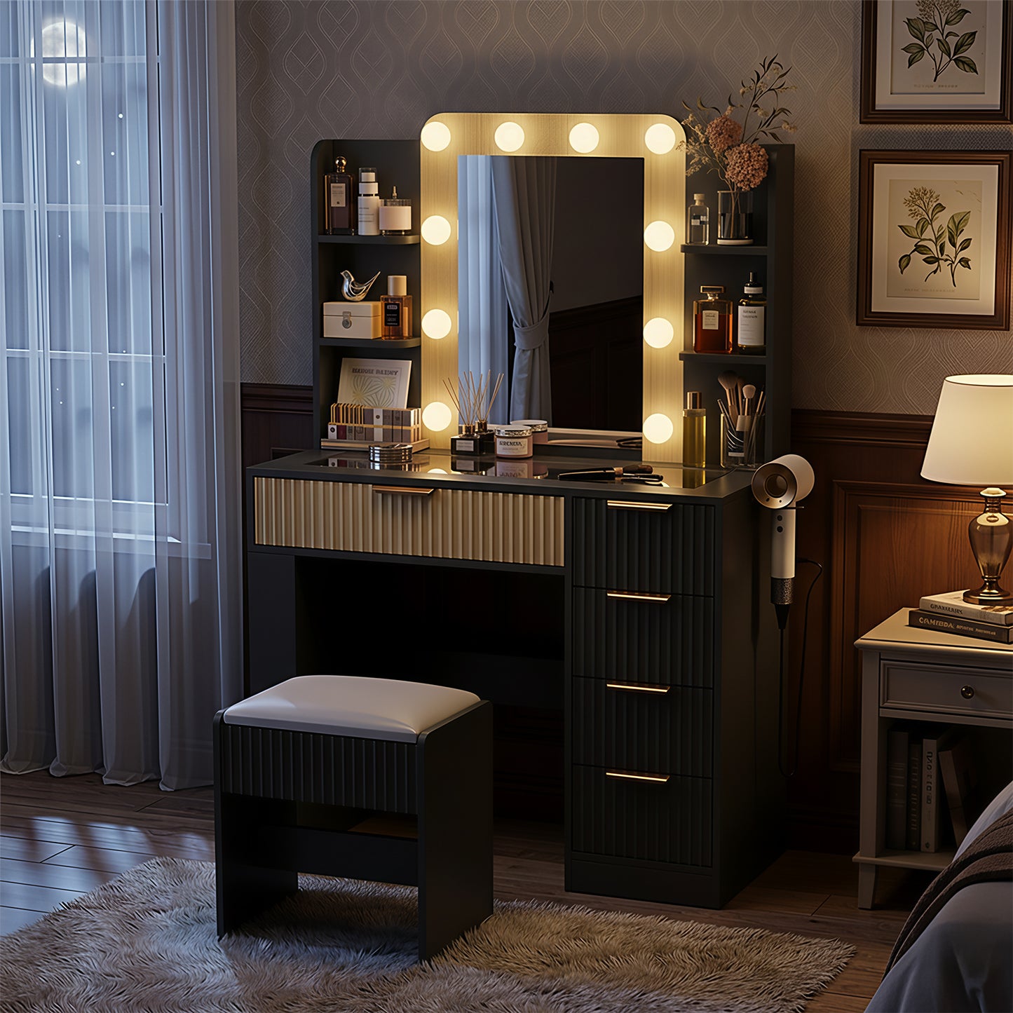 Save 50% - 37" Fluted Makeup Vanity Desk with LED Mirror, 5 Drawers & Glass Top, Vanity Table with Cabinet, Chair and Charging Station, 3 Light Modes for Bedroom