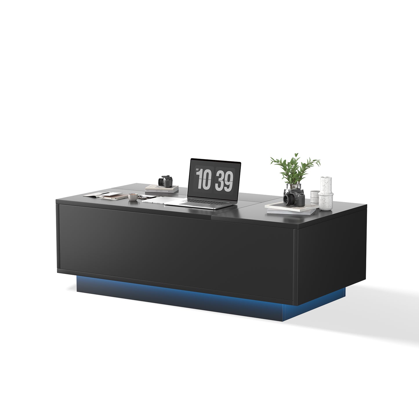 Save 50% - 47" Modern LED Coffee Table with Lift Top – All-Black High-Gloss Design, Hidden Storage, Drawer, Open Shelves & Built-In Power Outlet