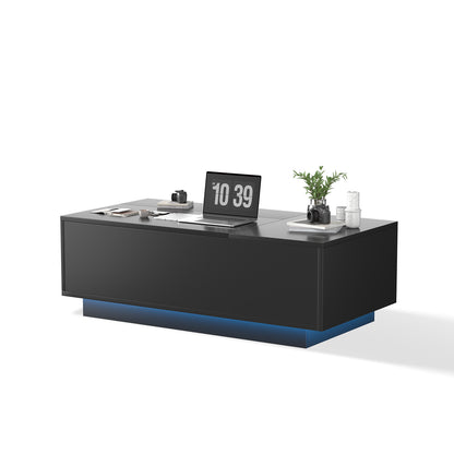 Save 50% - 47" Modern LED Coffee Table with Lift Top – All-Black High-Gloss Design, Hidden Storage, Drawer, Open Shelves & Built-In Power Outlet