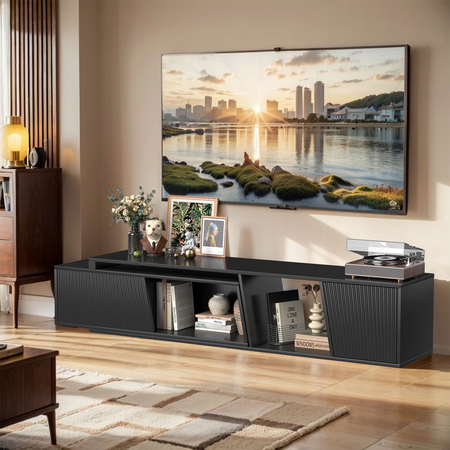 Save 50% - Extendable TV Stand with Sliding Doors - Belord Minimalist Rectangular Entertainment Cabinet