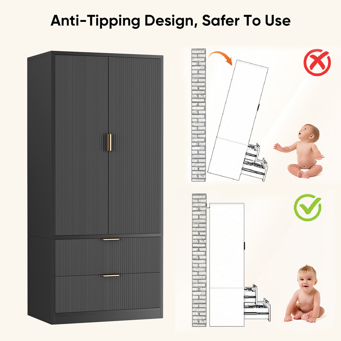 Save 50% - 70" Modern Wooden Wardrobe Closet with 2 Doors & 2 Drawers – Clothing Storage Armoire with Hanging Rod and Gold Handles for Bedroom