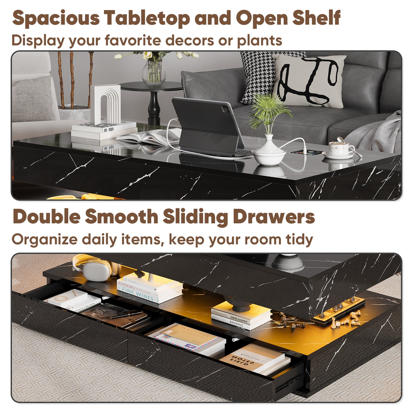 Save 50% - 47" Modern LED Coffee Table with Wireless Charging & Bluetooth Speaker – High-Gloss Double-Layer Design with 2 Drawers and Marble Effect Finish