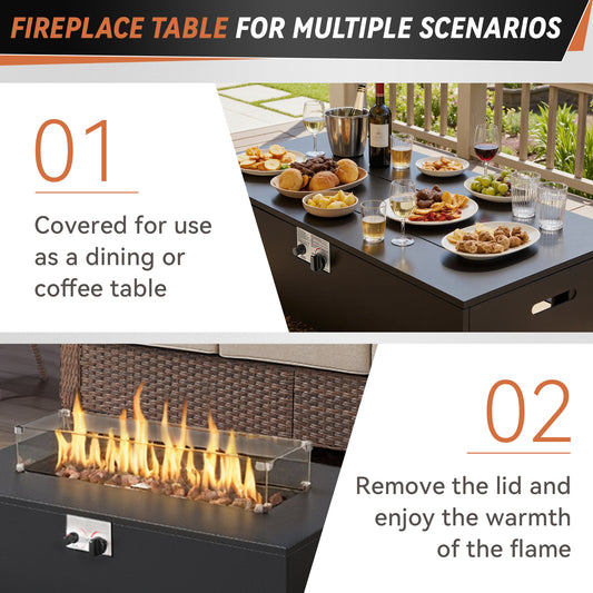 43" Rectangular Propane Outdoor Fire Pit Table, 55,000 BTU Firepit with Tank Storage Table & Waterproof Cover