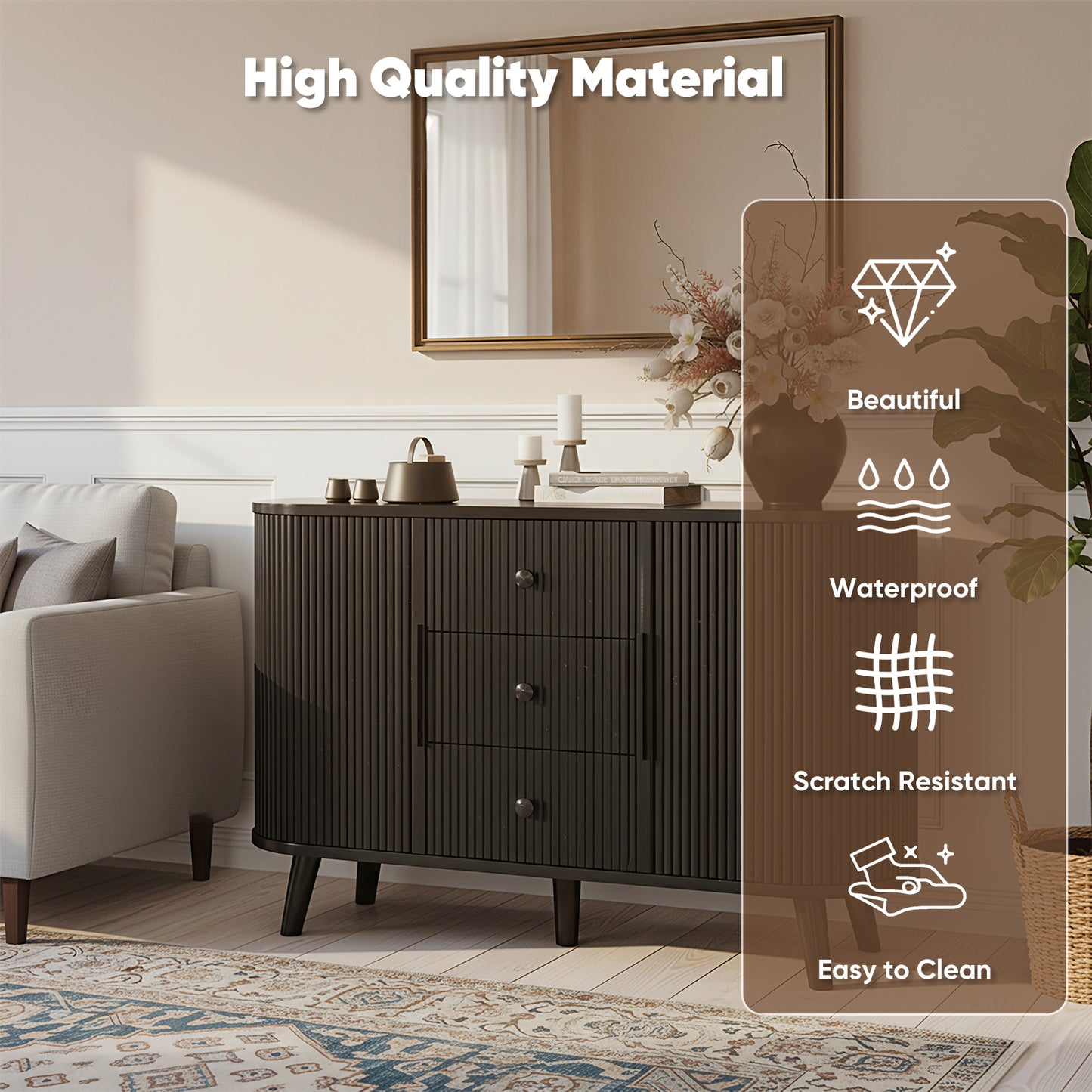 Save 50% - 47" Sideboard Buffet Cabinet with Fluted Tambour Doors, Adjustable Shelves, 3 Drawers – Modern Kitchen Storage & Coffee Bar Console