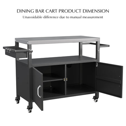 52" Black Outdoor Kitchen Island with Stainless Steel Tabletop, Metal Grill Cart with Storage Cabinet & 4 Lockable Wheels