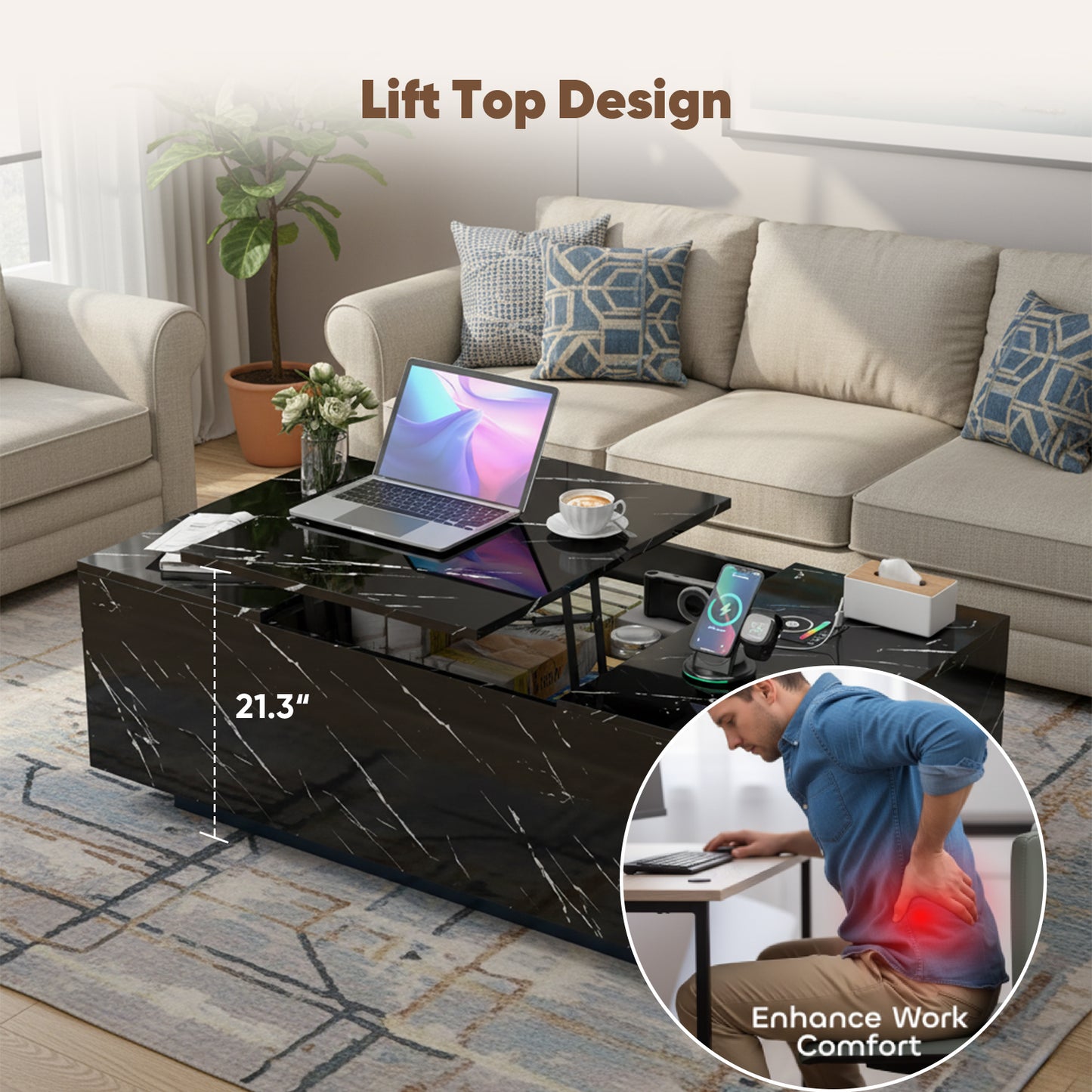 Save 50% - 47.2" LED Lift Top Coffee Table with Wireless Charging & Bluetooth Speaker – Smart Living Room Table with Drawers and Large Storage