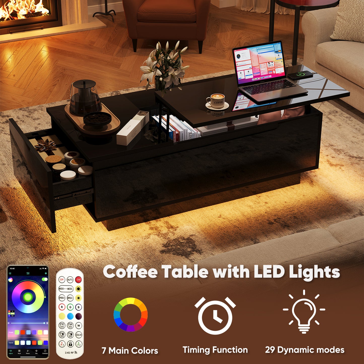 Save 50% - 47" Modern LED Coffee Table with Lift Top – All-Black High-Gloss Design, Hidden Storage, Drawer, Open Shelves & Built-In Power Outlet