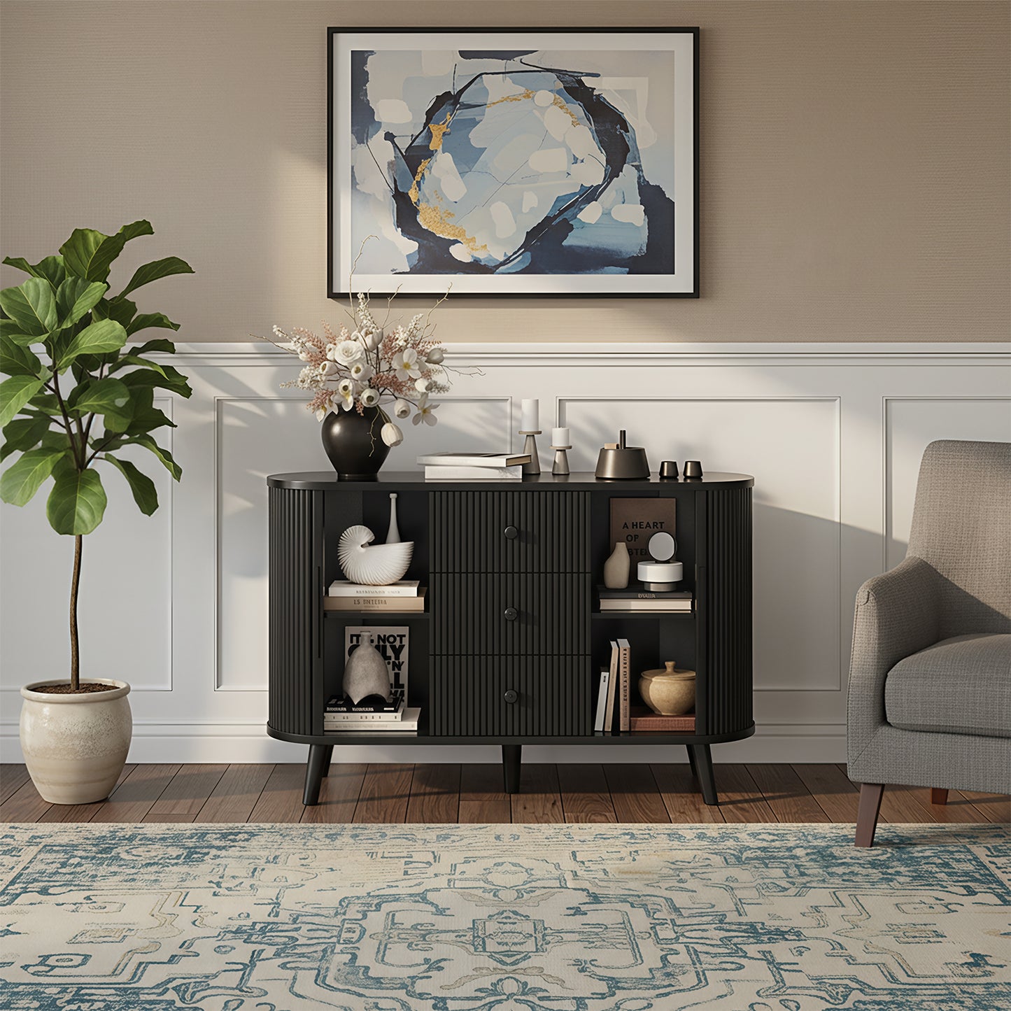 Save 50% - 47" Sideboard Buffet Cabinet with Fluted Tambour Doors, Adjustable Shelves, 3 Drawers – Modern Kitchen Storage & Coffee Bar Console